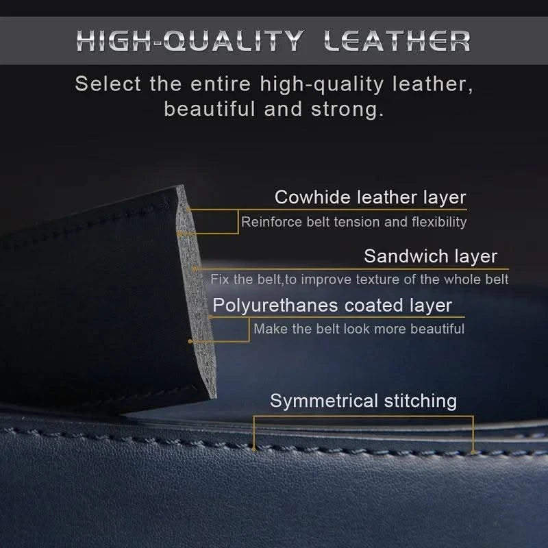 Blue Genuine Leather Automatic Buckle Strap Metal Belts for Men| Male