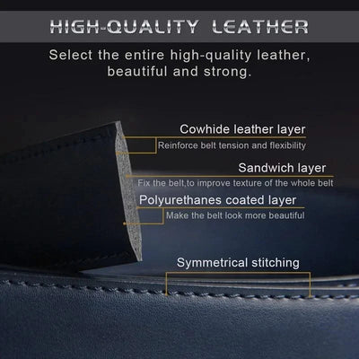 Blue Genuine Leather Automatic Buckle Strap Metal Belts for Men| Male