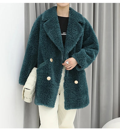 MENINA BONITA 2025 New  Luxury Winter Jacket Women's Coat Double-breasted Woven Real Natural Wool Fur Lapel Warm Loose Outerwear