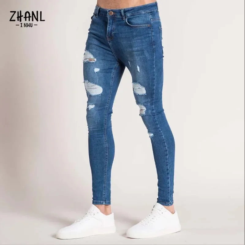 Fashion White Elastic Skinny Pants Man Ripped Jeans Male Streetwear Vintage Wash Solid Denim Trouser Mens Casual Slim fit Pants