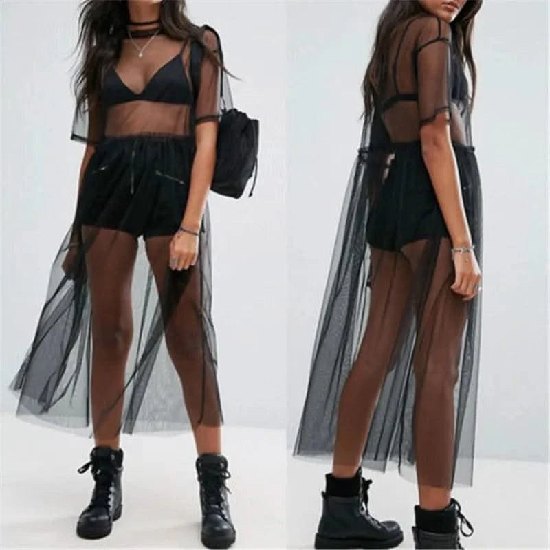 Women Black Gauze Mesh Sheer Tops Sheer Long Shirts