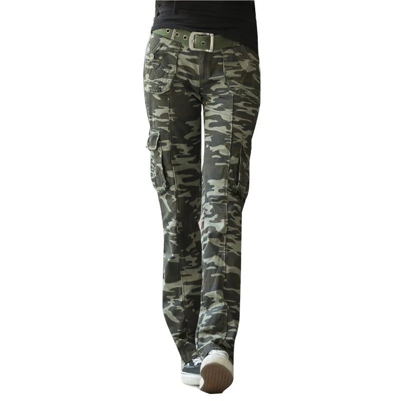 Female Outdoor Training Pockets Cargo Pants Women Sports Climbing Hiking Camping Loose Straight Camo Trousers