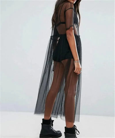 Women Black Gauze Mesh Sheer Tops Sheer Long Shirts