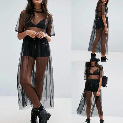 Women Black Gauze Mesh Sheer Tops Sheer Long Shirts