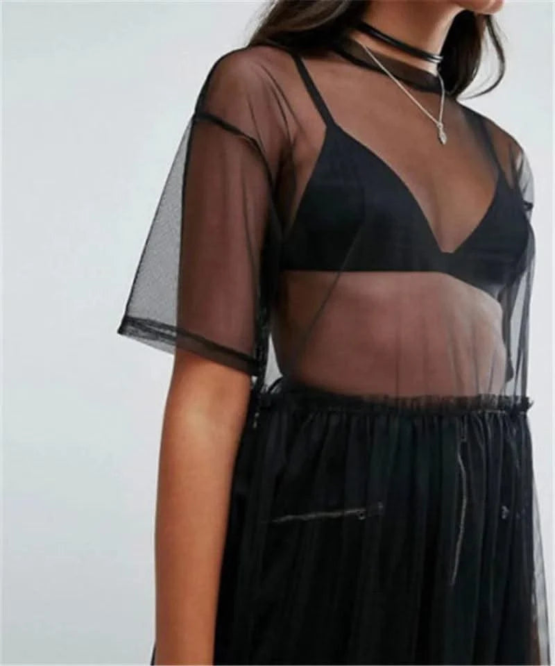 Women Black Gauze Mesh Sheer Tops Sheer Long Shirts