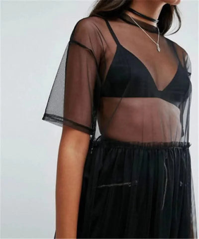 Women Black Gauze Mesh Sheer Tops Sheer Long Shirts