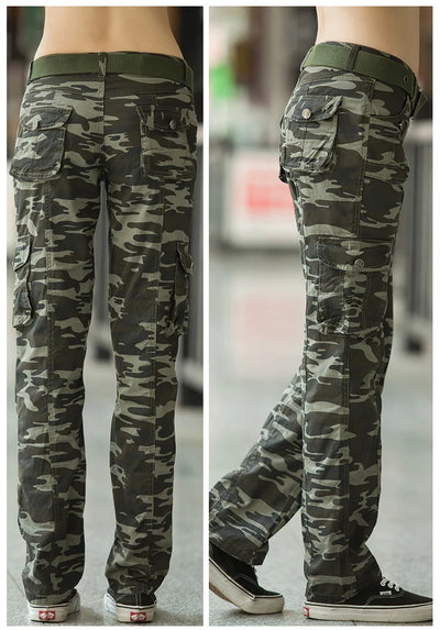 Female Outdoor Training Pockets Cargo Pants Women Sports Climbing Hiking Camping Loose Straight Camo Trousers