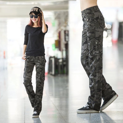 Female Outdoor Training Pockets Cargo Pants Women Sports Climbing Hiking Camping Loose Straight Camo Trousers