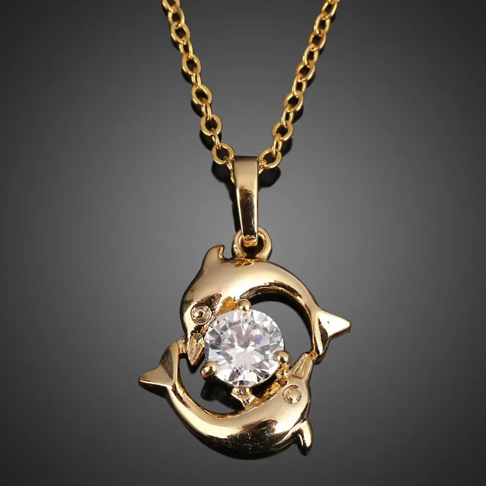 Luxury Necklaces For Women Romantic Couples Jewelry Crystal Inlay Gold Color Pisces Dolphin Pendant Chain casual Necklace Gift