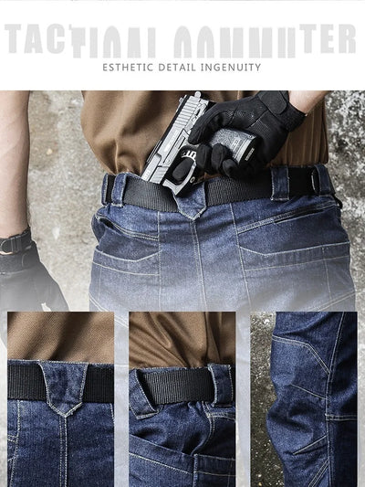 Men Tactical Jeans Denim Pants Stretchy Jeans Trousers Comfortable Full Length Multi Pockets Commuter Strenthen Knee Leggings