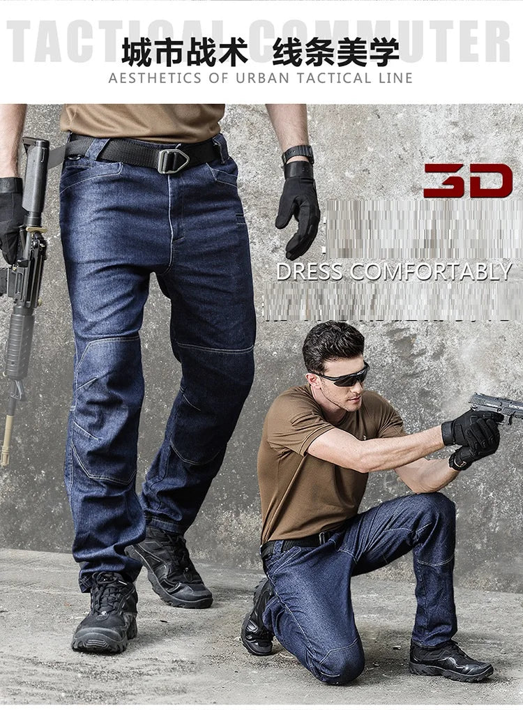 Men Tactical Jeans Denim Pants Stretchy Jeans Trousers Comfortable Full Length Multi Pockets Commuter Strenthen Knee Leggings