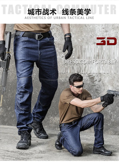 Men Tactical Jeans Denim Pants Stretchy Jeans Trousers Comfortable Full Length Multi Pockets Commuter Strenthen Knee Leggings