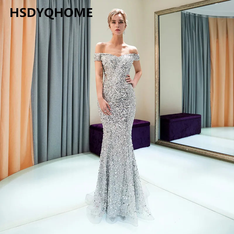 Women's Mermaid Prom Evening Dresses Crystal Stones Long Bling Bling Gown Evening Party Sexy Sweep Train Vestidos