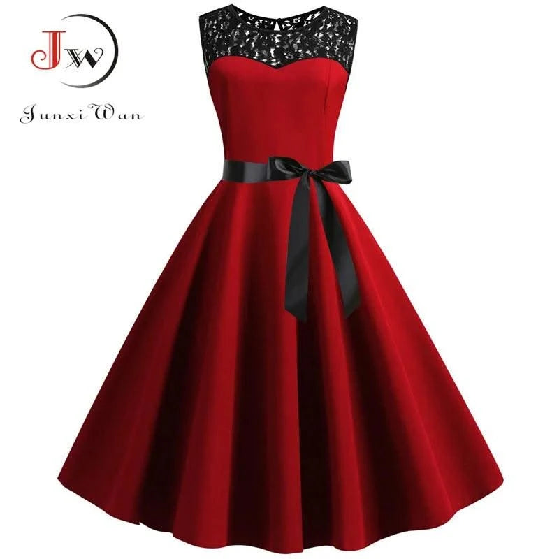 Elegant Party Dress Women Summer Lace Vintage Vestidos 50s 60s Rockabilly Swing Dress Casual  Midi Dresses