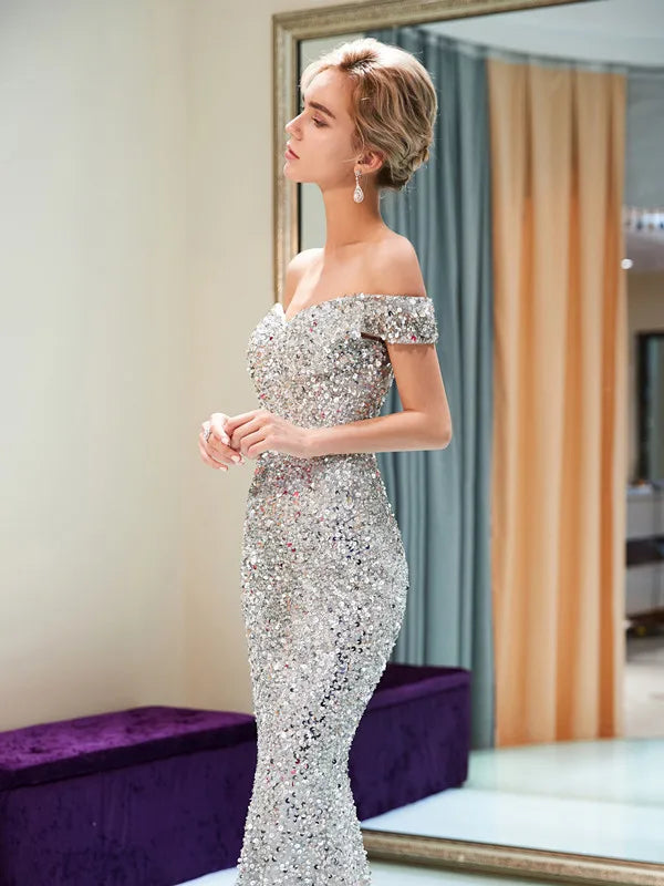 Women's Mermaid Prom Evening Dresses Crystal Stones Long Bling Bling Gown Evening Party Sexy Sweep Train Vestidos