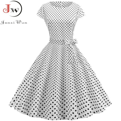 Women Summer Dresses Robe Vintage 50s 60s Big Swing Party Rockabilly Dress White Polka Dot Vestidos