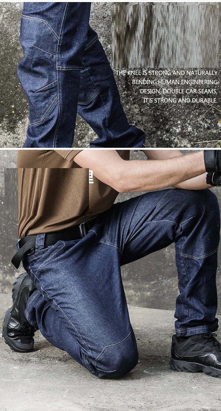 Men Tactical Jeans Denim Pants Stretchy Jeans Trousers Comfortable Full Length Multi Pockets Commuter Strenthen Knee Leggings