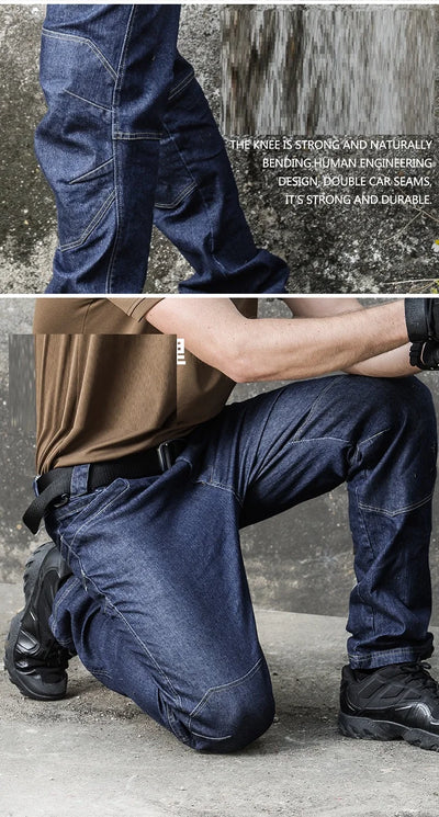 Men Tactical Jeans Denim Pants Stretchy Jeans Trousers Comfortable Full Length Multi Pockets Commuter Strenthen Knee Leggings