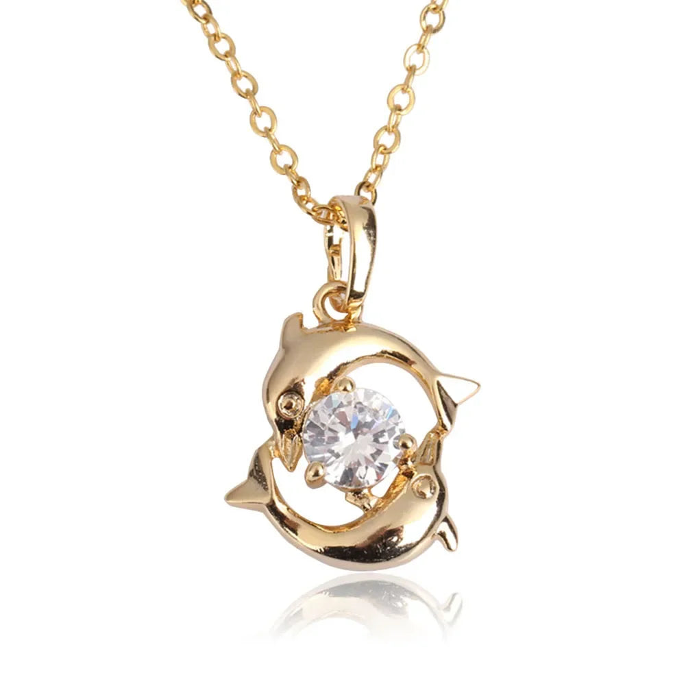 Luxury Necklaces For Women Romantic Couples Jewelry Crystal Inlay Gold Color Pisces Dolphin Pendant Chain casual Necklace Gift