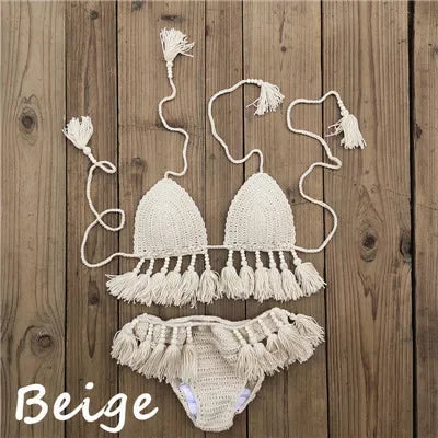 Handmade Crochet Bikini Set Laca Lita and Tassels Bead Women Swimwear Swimsuit