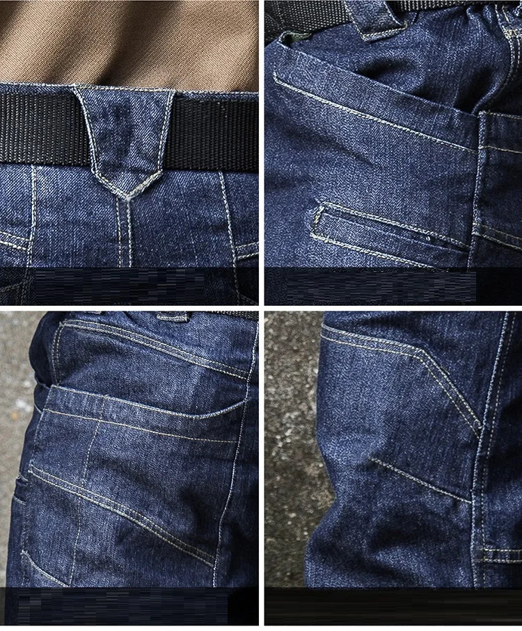 Men Tactical Jeans Denim Pants Stretchy Jeans Trousers Comfortable Full Length Multi Pockets Commuter Strenthen Knee Leggings