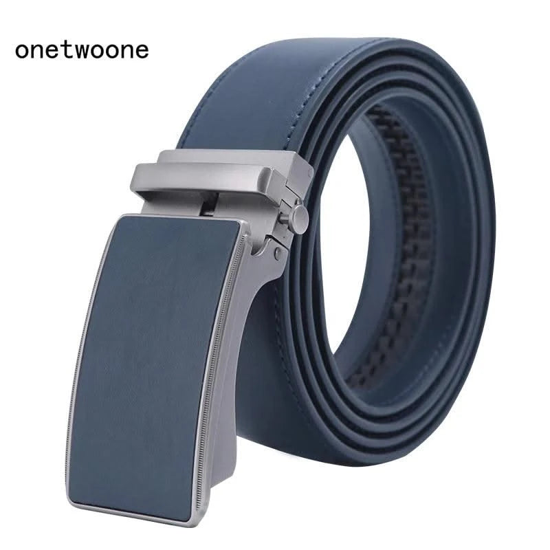 Blue Genuine Leather Automatic Buckle Strap Metal Belts for Men| Male