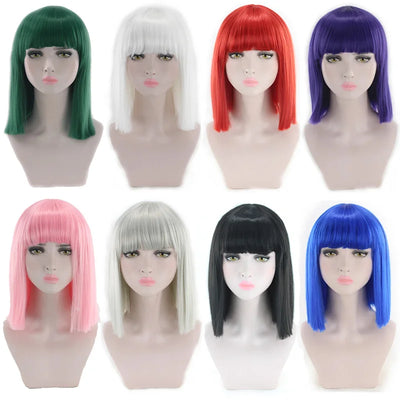 Synthetic Hair Short Wig With Bangs Cosplay Wigs For Women Straight Bob Wig Korean Pink Red Brown Blue Green White Purple Grey