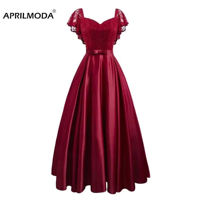 Summer Burgundy Party Dress Floral Lace Long Women Short Sleeve Ruffle Elegant Red Blue Black Casual Maxi Date Satin Vestidos