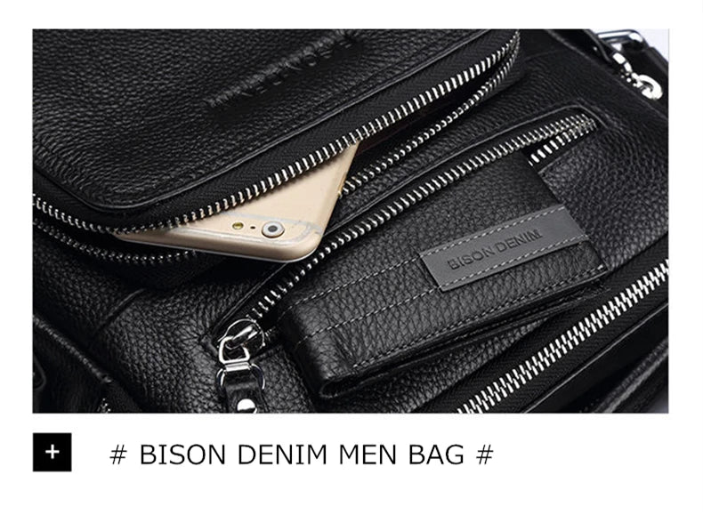 BISON DENIM Carbon Fiber Messenger Bag Men Casual Cowhide Leather Shoulder Crossbody Bag Gift Designer Handbags