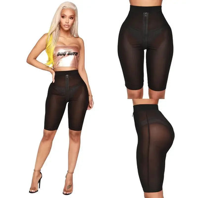 BKLD Biker Shorts Women 2025 New Solid Stretch High Waist Shorts Half Length Sexy Bodycon Summer See Through Black Mesh Shorts