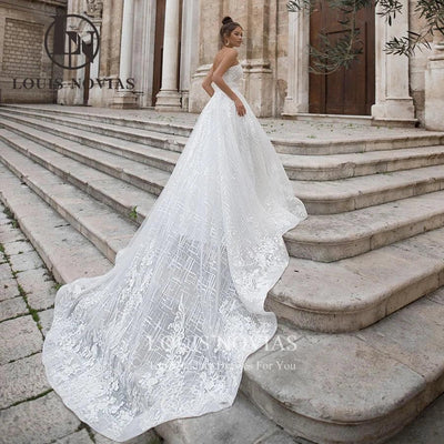 LOUIS NOVIAS Luxury Wedding Dresses For Women Sexy Strapless Appliques Bridal Gown Lace Sparkling Tulle A-Line Vestido De Novia