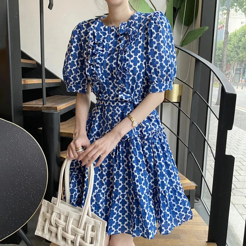 New Fashion Printed Dress for Women Streetwear Trend Round Neck Ruffles Waist Puff Sleeve Dresses Female Clothing