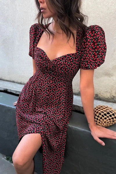 Summer Midi Dress For Women 2025 New Fashion Streetwear Square Neck Puff Sleeve Print Dress Woman Casual Split Dresses Sundress