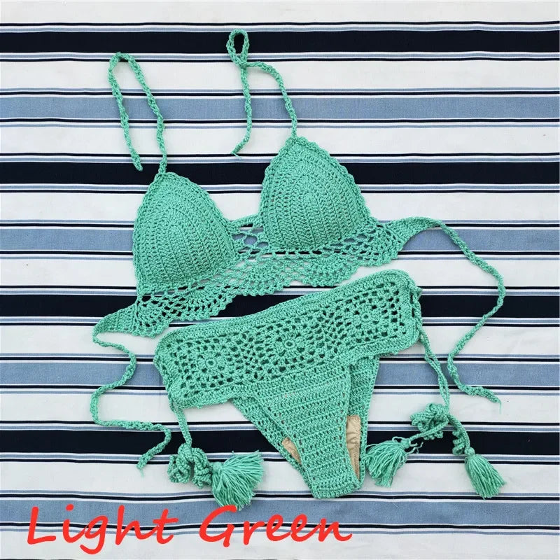 Handmade Crochet Push up Bikini Set Sexy Women Swimwear Crop Top Beach Swimsuit Suit