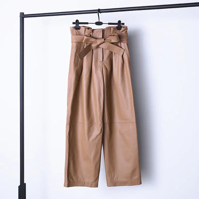 Stylish Genuine Leather Pants Women Sheepskin Bow Tie Lace High Waist Trousers Mujer Khaki/Green Straight Wide Leg Pantalon