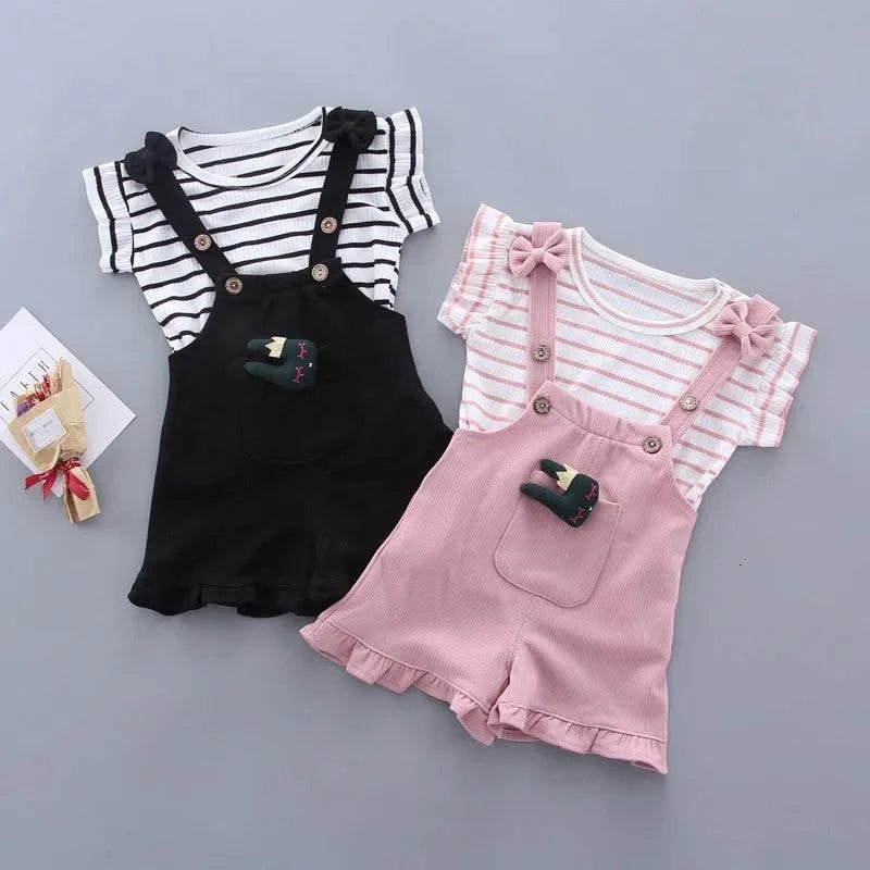 Summer Children Clothing Baby Cute  Girls Casual T-Shirts Bib Shorts 2Pcs/Set Toddler Cartoon Fashion Cotton Infant Clothes Suit