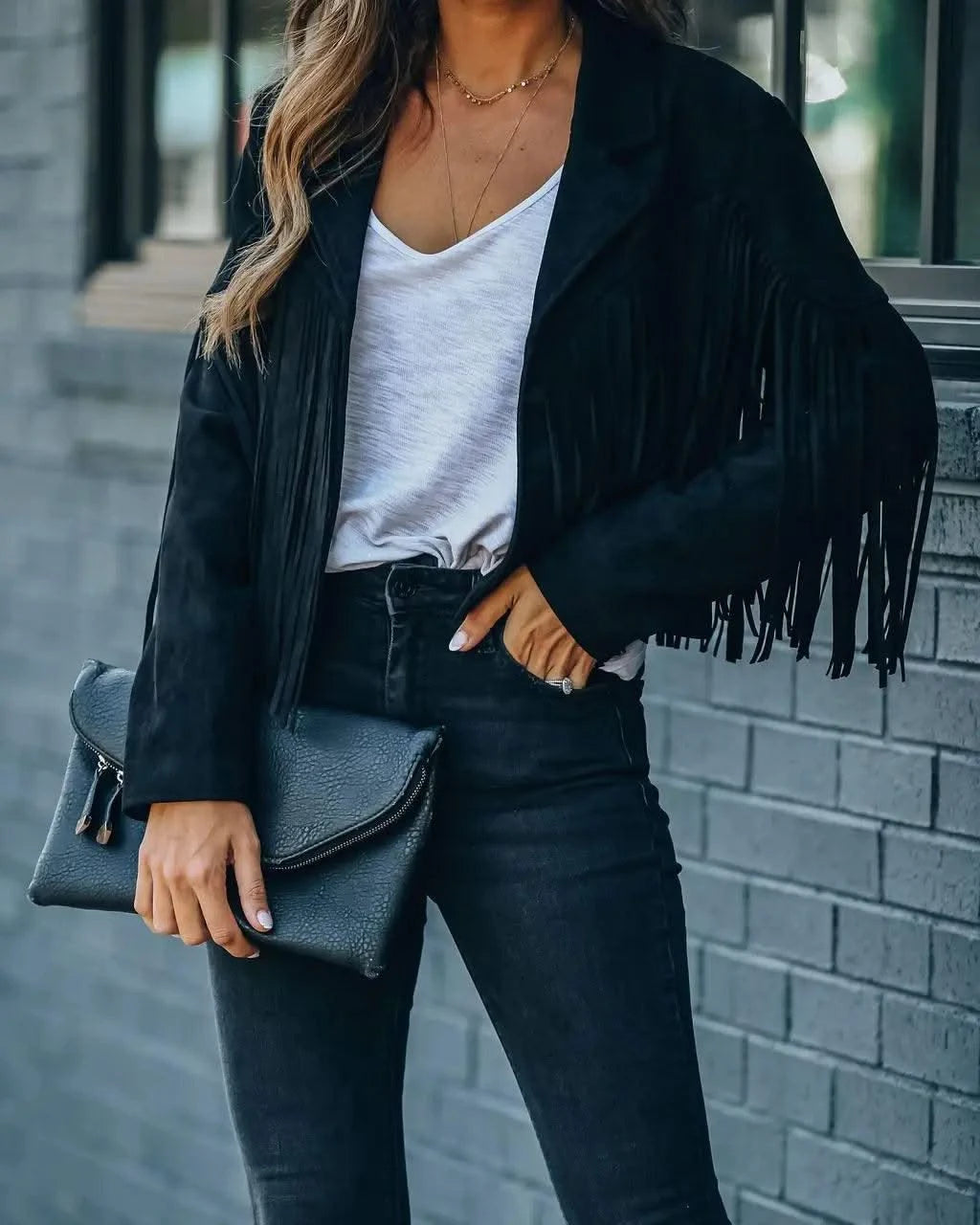 Fringed Bomber Jacket Women Long Sleeve Turn-down Collar