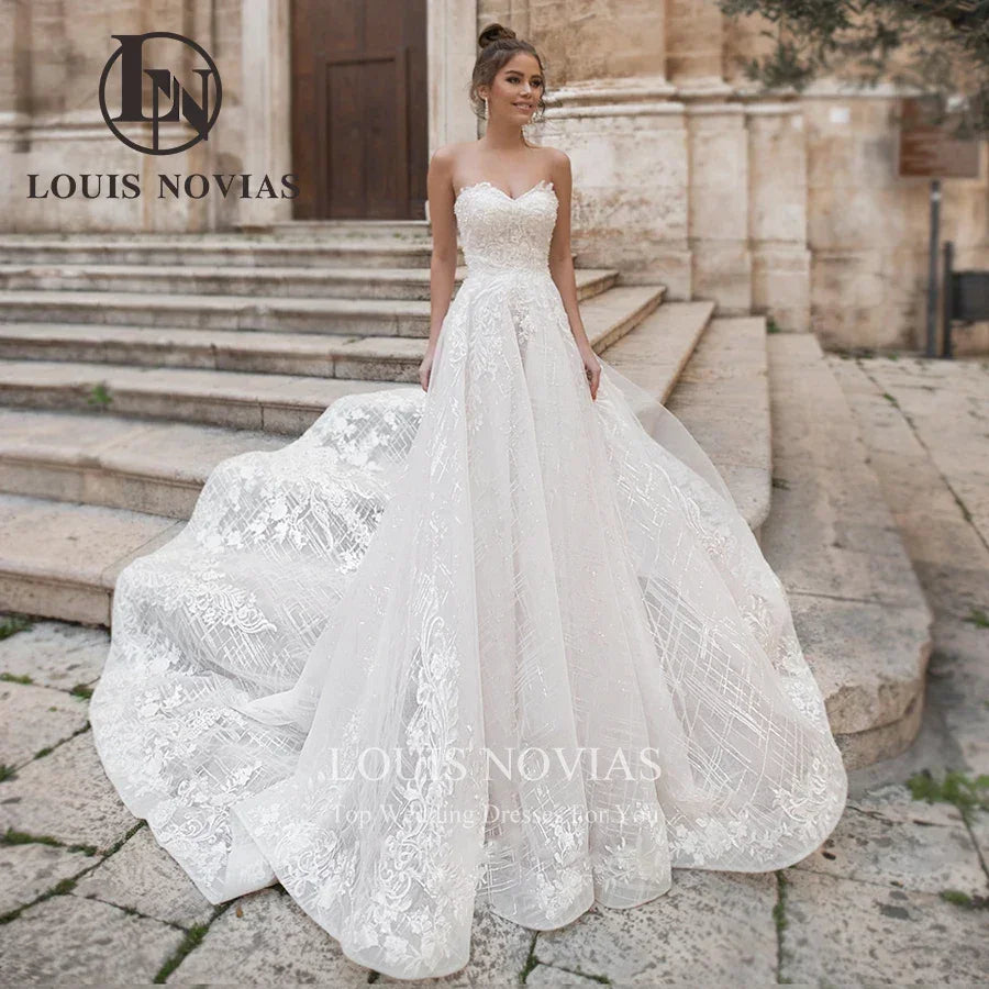 LOUIS NOVIAS Luxury Wedding Dresses For Women Sexy Strapless Appliques Bridal Gown Lace Sparkling Tulle A-Line Vestido De Novia