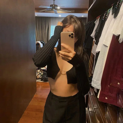 Cryptographic Autumn Knitted Sexy Cropped Sweaters Women Fashion Long Sleeve Cardigan Women Tops Pullovers Oversized Clothes