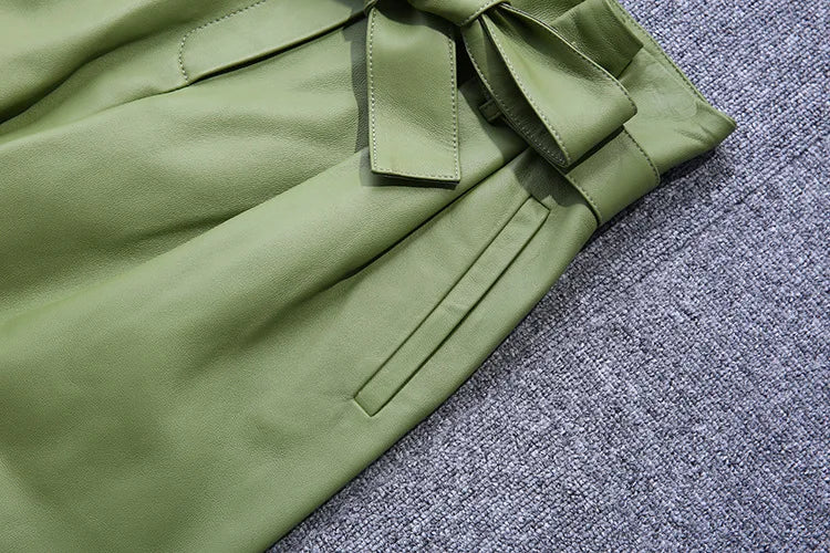 Stylish Genuine Leather Pants Women Sheepskin Bow Tie Lace High Waist Trousers Mujer Khaki/Green Straight Wide Leg Pantalon