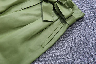 Stylish Genuine Leather Pants Women Sheepskin Bow Tie Lace High Waist Trousers Mujer Khaki/Green Straight Wide Leg Pantalon
