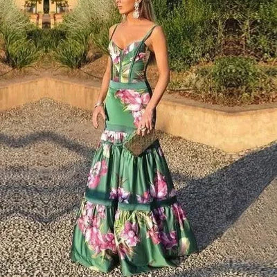Evening Party Dresses Women Natural Silk Dress Retro Floral Print Maxi Dress Ladies Strap Pleated Oversized Dress Vestidos