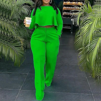 Elegant Work Wear Two Piece Set Fall Clothes for Women Ruffles Crop Top and Wide Leg Pants Suits Matching Sets Sexy Club Outfits