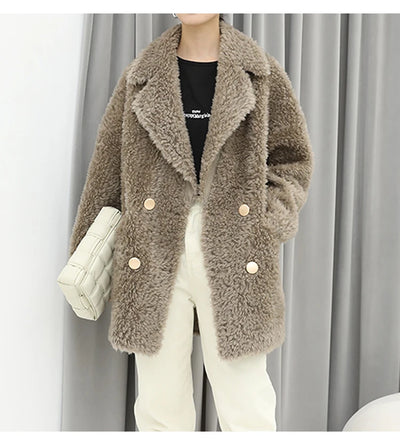 MENINA BONITA 2025 New  Luxury Winter Jacket Women's Coat Double-breasted Woven Real Natural Wool Fur Lapel Warm Loose Outerwear
