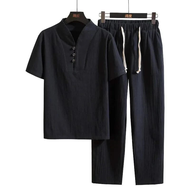 (Shirt + trousers) 2025 summer men shirt Man Cotton and linen shirts Short sleeve men's casual shirts men A set of clothes M-5XL - Elanique