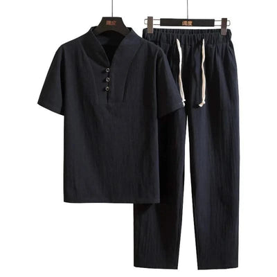 (Shirt + trousers) 2025 summer men shirt Man Cotton and linen shirts Short sleeve men's casual shirts men A set of clothes M-5XL - Elanique