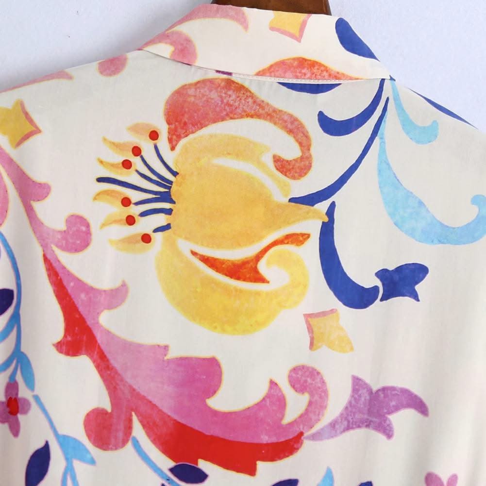 2021 Women Summer Dresses Floral Print Turn-down Collar A-Line 3/4 Sleeve Large Hem Single-breasted Mid-Calf Shirt Midi Dress St