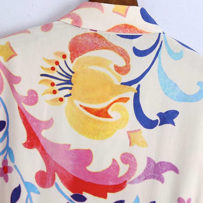 2021 Women Summer Dresses Floral Print Turn-down Collar A-Line 3/4 Sleeve Large Hem Single-breasted Mid-Calf Shirt Midi Dress St