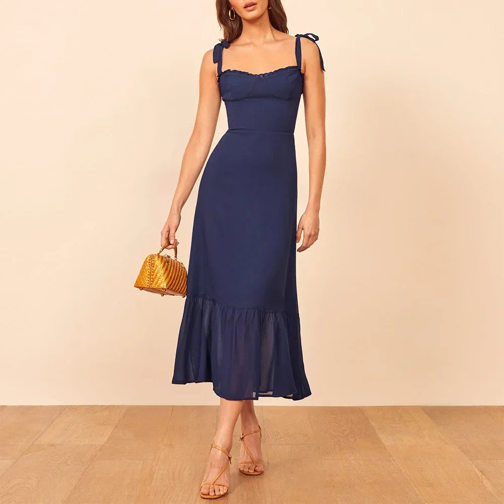 Summer Dresses For Women 2021 Elegant Ruffle Hem Floral Chiffon Midi Dress Frill Edge Sweetheart Neck Strap Tie Sexy Slip Dress