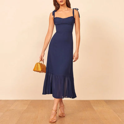 Summer Dresses For Women 2021 Elegant Ruffle Hem Floral Chiffon Midi Dress Frill Edge Sweetheart Neck Strap Tie Sexy Slip Dress